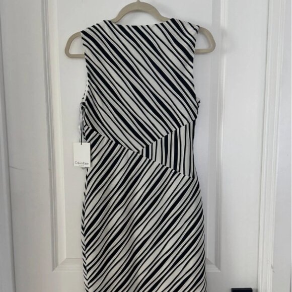 CALVIN KLEIN NWT Stretch Black White Striped Asymmetrical Sheath Dress Size 4 - Picture 2 of 5